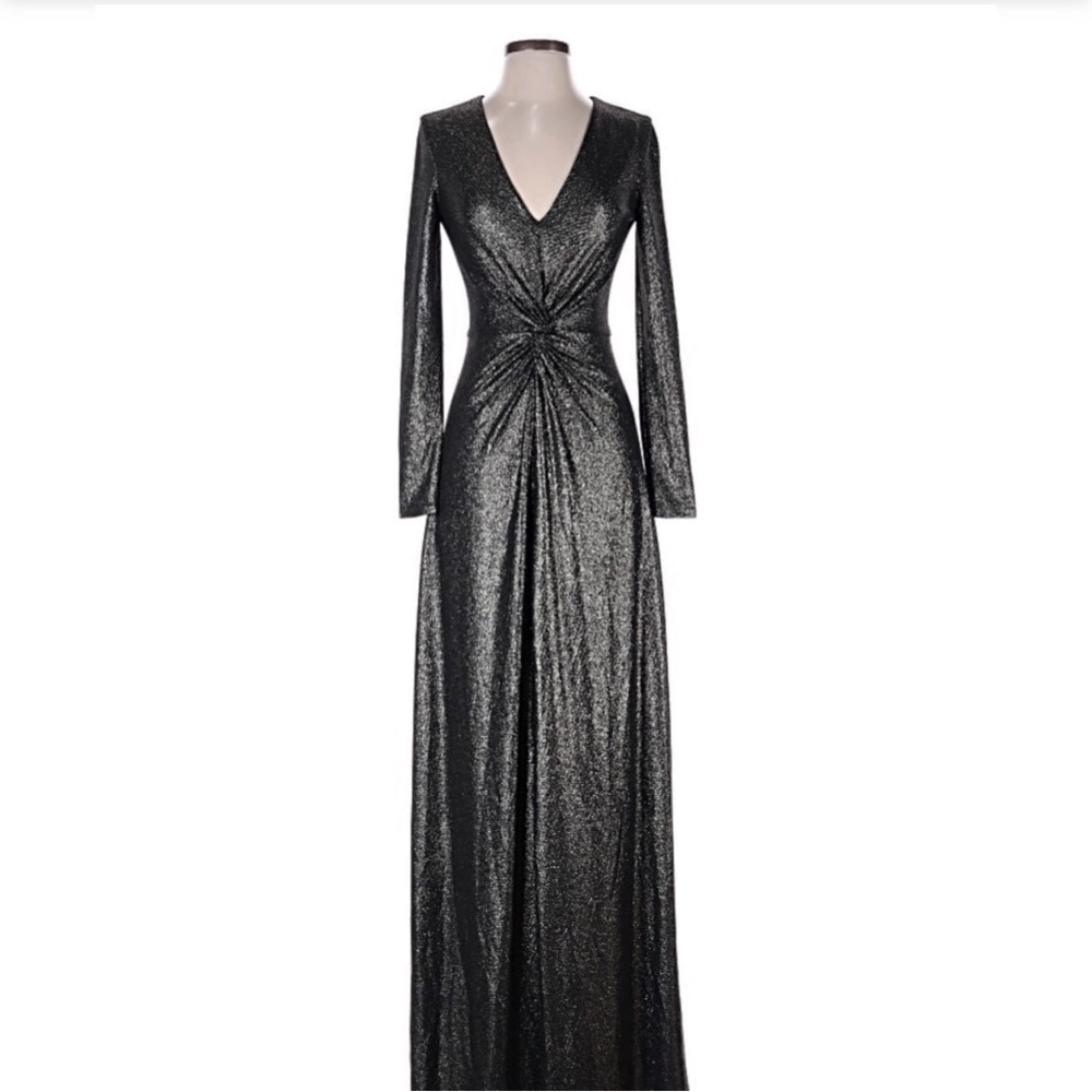 Dress the Population Metallic Black V-Neck Twist-Waist Maxi Dress